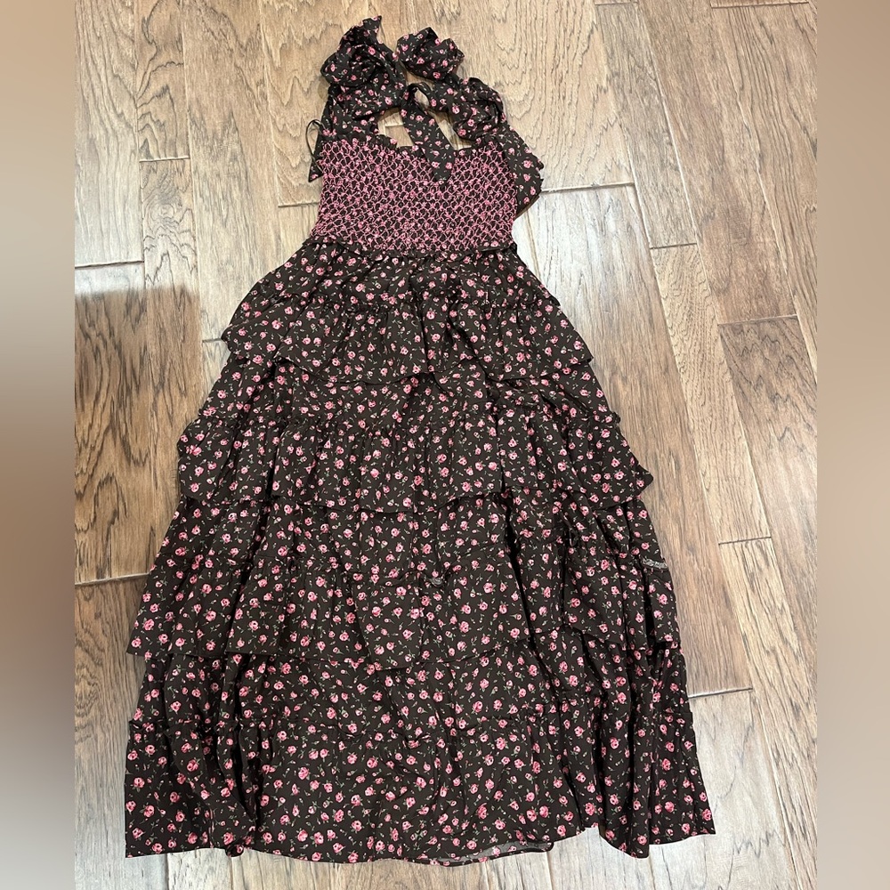 Talulah fall brown rose floral shoulder tie dress